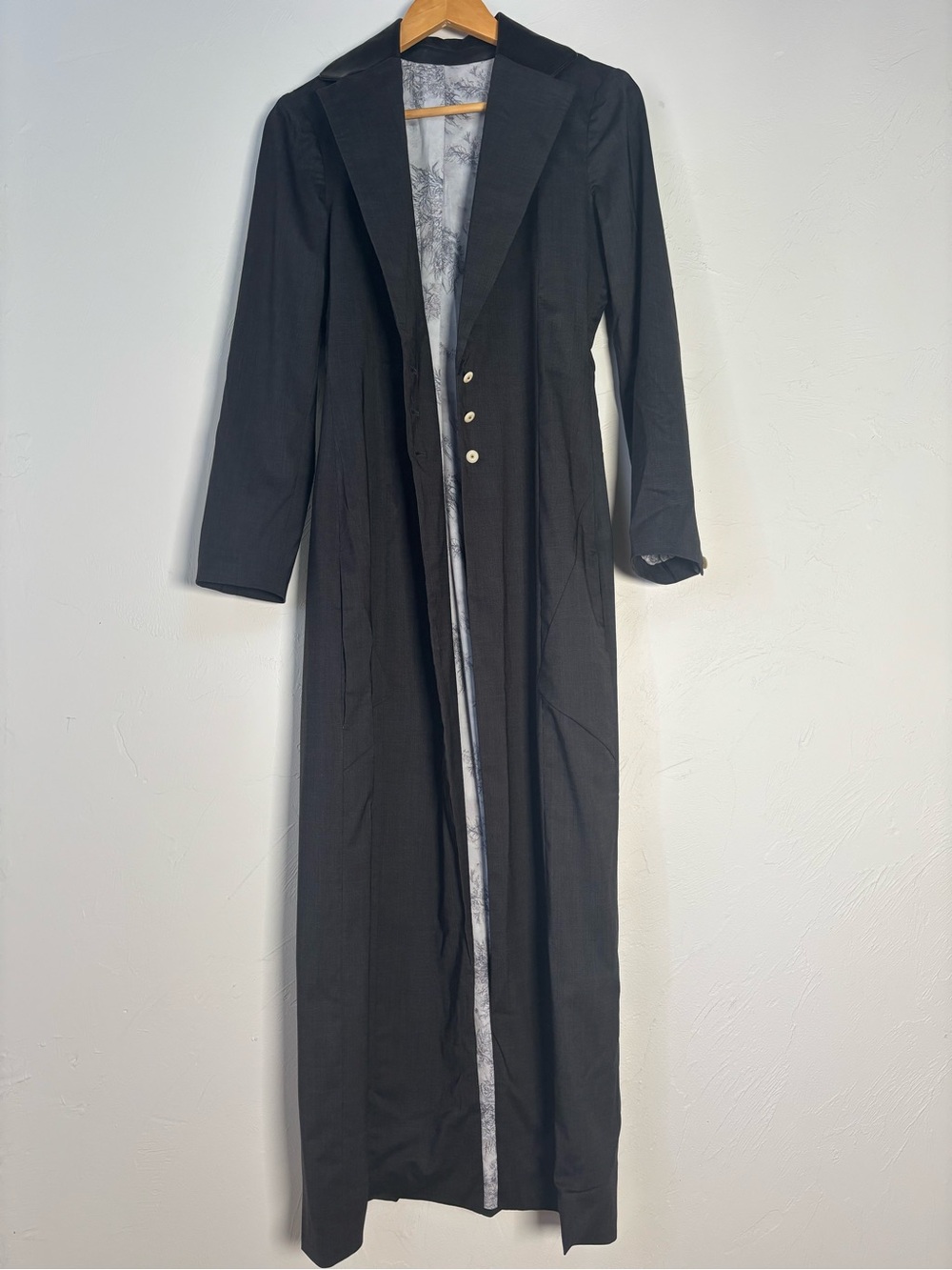 Long Charcoal Gray Duster Coat Leather Look Collar Printed Lining Pockets XS